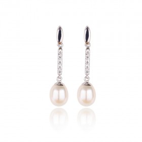 Pendientes de mujer Oro 1ª Ley 18 k blanco con carril de circonitas y perlas