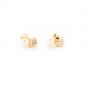 Pendientes  niña cuadrados Oro amarillo 18K, circonitas y perlas